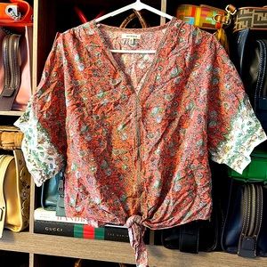 EUC Max Studio Coral Cropped Front Tie Floral Blouse - Medium